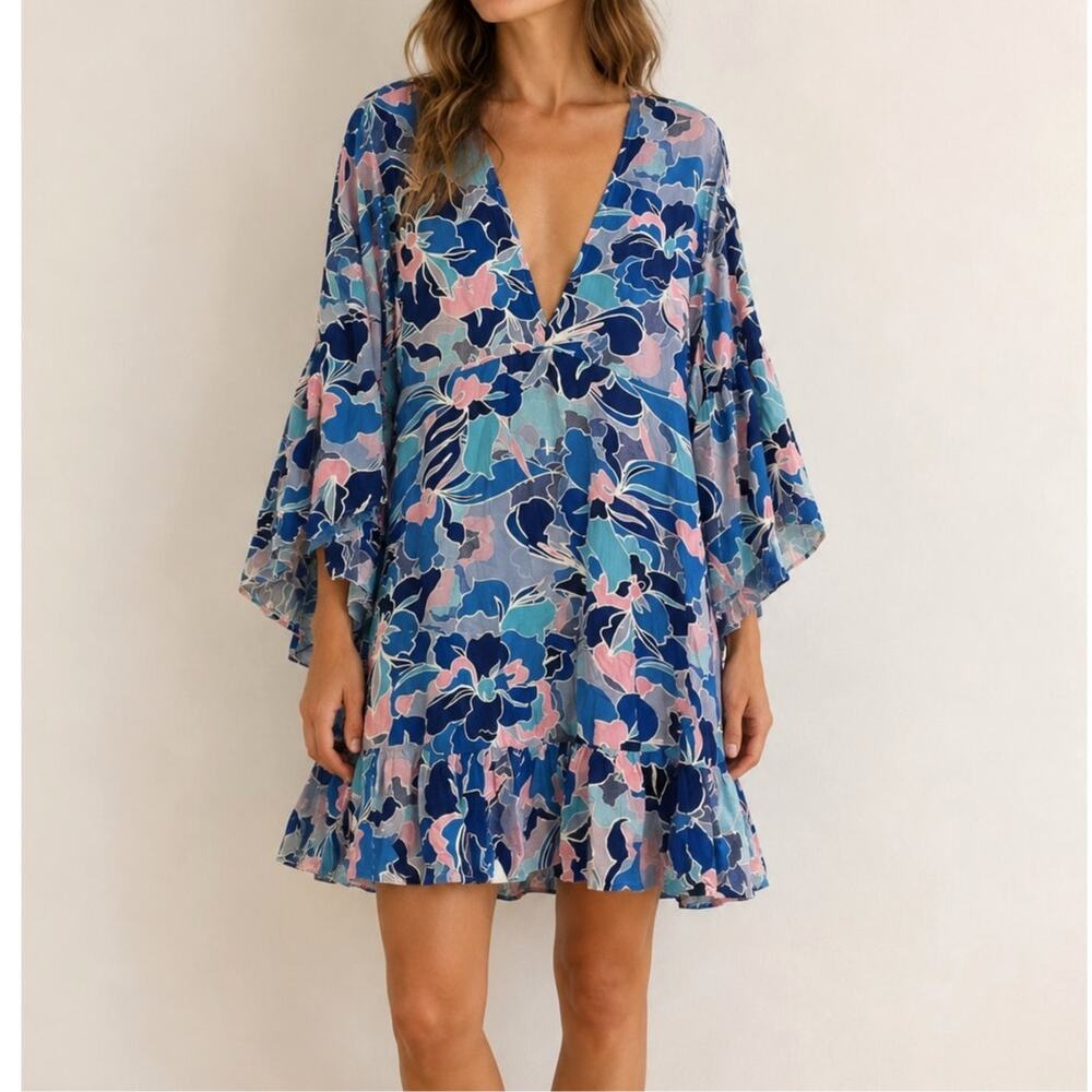 Label of Love Floral Mini Dress Size Large Cover Up Blue Rayon Swim Bell Sleeve